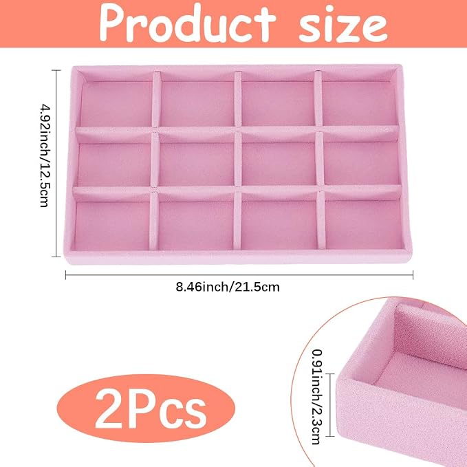 2Pcs Velvet Jewelry Drawer Organizer Trays Stackable Velvet Jewelry Organizer Bulk Pink 12 Girds Stylish Drawer Inserts for Ring Earring Holder Necklace Bracelet Storage Display Women Adults