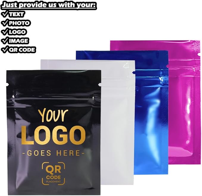 100PCS Customized Mylar Zipper Bags,Clear Front Resealable Packaging Pouches For Food Storage,Single Color Printing for Logo/Text/QR Code (White, 6.5 * 9CM/2.6"*3.5"-100PCS-One Color Print)
