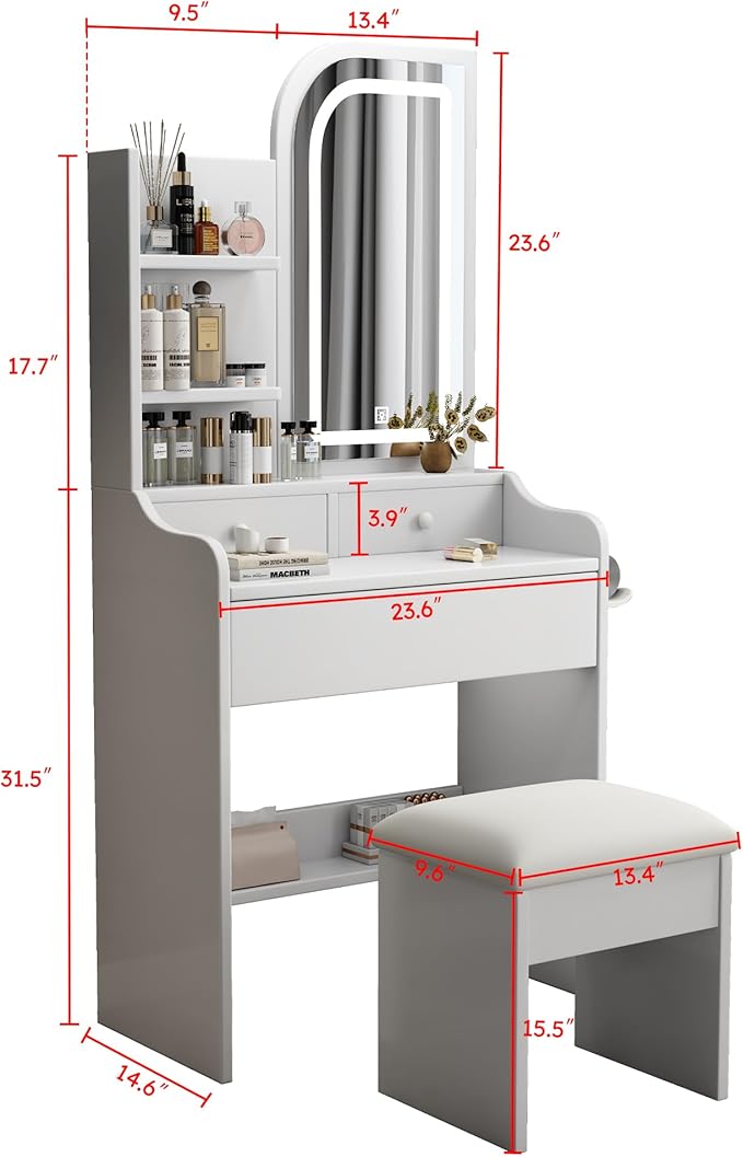 Small Makeup Vanity Desk with Mirror and Lights, Vanity Table Set with Storage Drawer & Open Shelves, 3 Lighting Colors, Adjustable Brightness White Makeup Vanity with Stool (Style A)