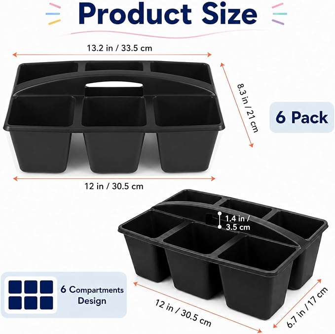 6 Pack Assorted Colors 6 Compartment Classroom Caddy with Handle Portable Plastic Storage Classroom Caddies Organizer for Classrooms Supply Teacher Office Table Desk(Black)