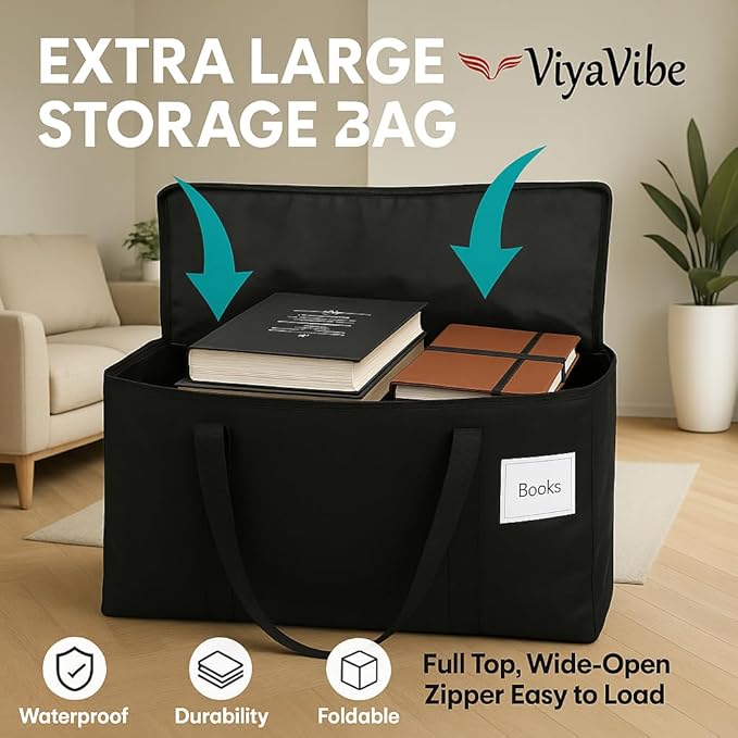 XL Moving Bag – 27"×14"×15.5" (25.4 Gal) Heavy-Duty Collapsible Storage Tote Zipper Lid & Tag Pocket — 2-Pack for Moving, College/Dorm
