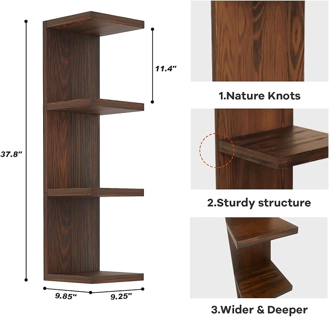LitaEther 4 Tiered Wood Wall Shelf Units,Lack Floating Shelves,Rustic Bookshelf for Home, Bedroom, Living Room