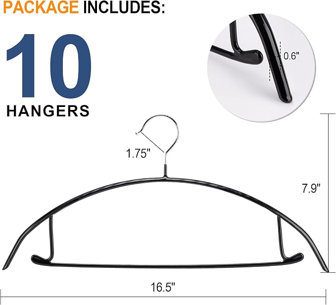 Sweater Hangers No Shoulder Bump, Non-Slip Rubber & Rust-Free Metal | Heavy Duty and Ergonomic Curved for Closet Clothes like Suits Coats Pants Dresses or Shirts, Set of 10, Black Coated