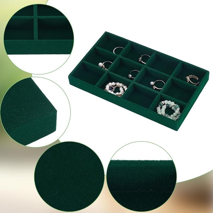 2Pcs Velvet Jewelry Display Trays Stackable Jewelry Organizer Tray Green Bulk 12 Girds Stylish Organizer Trays for Ring Earring Holder Necklace Bracelet Storage Display Dish Women Adults