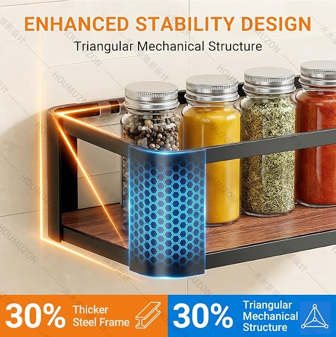 Wall Mounted Spice Rack, Black, 4 Pack | 4 Hooks Included, Screw or Adhesive Installation, For Stove Cabinet Pantry Door, Kitchen and RV Use