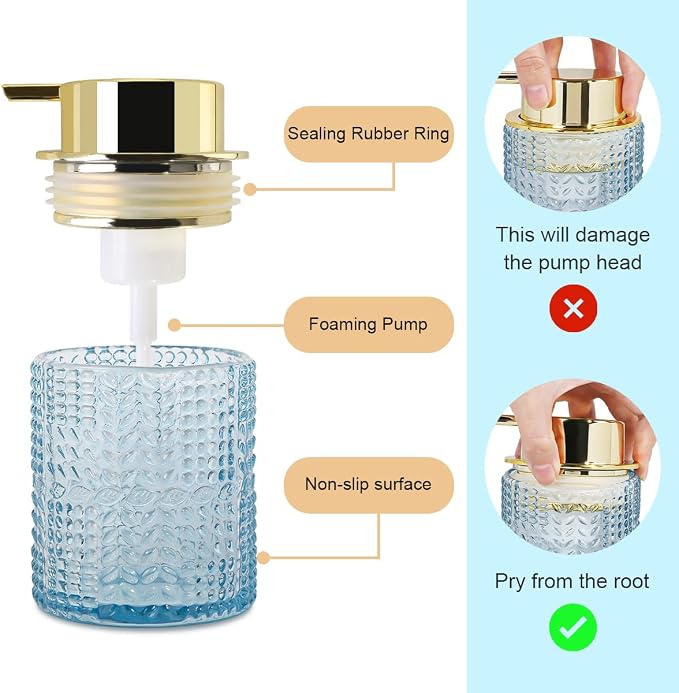 Glass Foaming Soap Dispenser,Foam Dispenser Bottle with Large Pump,Wide-Mouthed and Easy to Press,Refillable Hand Soap Dispenser for Bathroom Countertop and Kitchen Decor (1, Blue)
