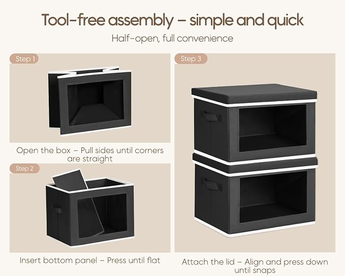 Homsorout Collapsible Storage Bins with Lids - Stackable Storage Containers with Window, 3 Pack Fabric Bins for Closet, Home & Office Organization Baskets, Black, 14.9" x 9.8" x 9.8"