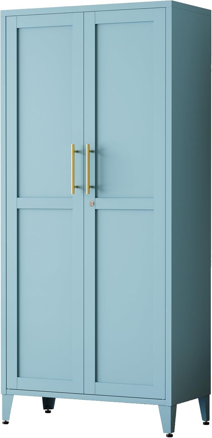 Lockable 61 Inch Tall Metal Storage Cabinet,2-Door Metal Pantry Cabinet with Adjustable Shelves, 4-Tier Steel Storage Locker for Bedroom Kitchen, Home Blue 61" H X 27.6" W X 13.8" D