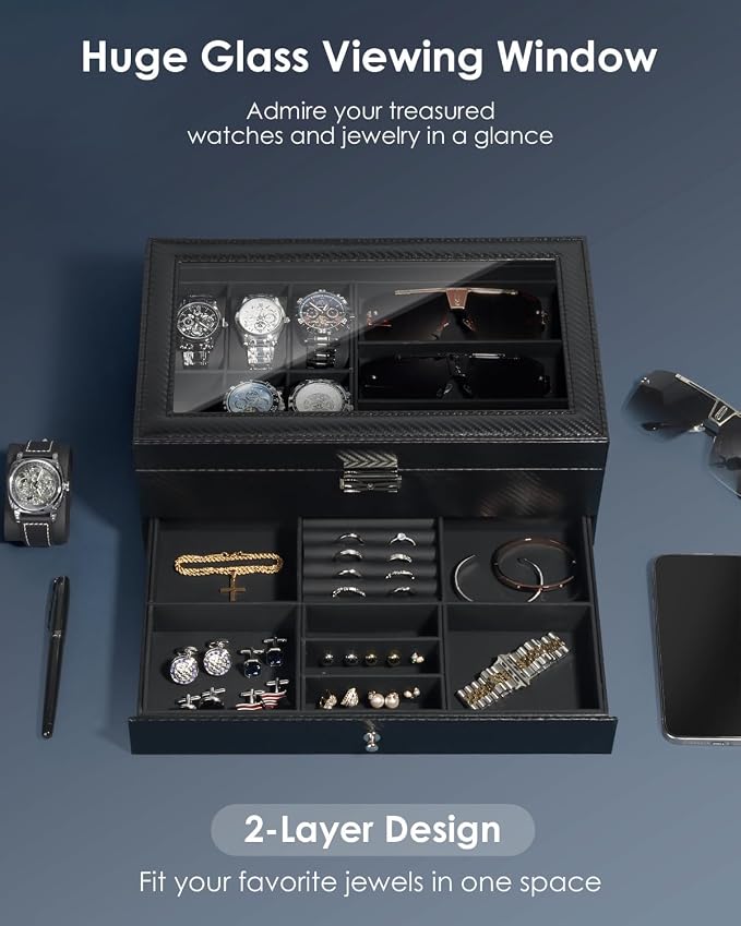 Kukikan Watch Jewelry Box Organizer, 6-Slot 2-Layer Case and Sunglasses Storage with Large Glass Lid, Men's Jewelry Box with Lock, Watch Holder Display Case, Fathers Day Gift, All Black