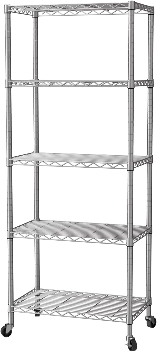 SINGAYE 5 Shelves Storage Wire Shelf Closet Metal Shelving Pantry Wheels | Shelf Bathroom Organizers Metal Kitchen Garage Shelving Unit Laundry Room Organization Home Rack Net Basket with Wheels