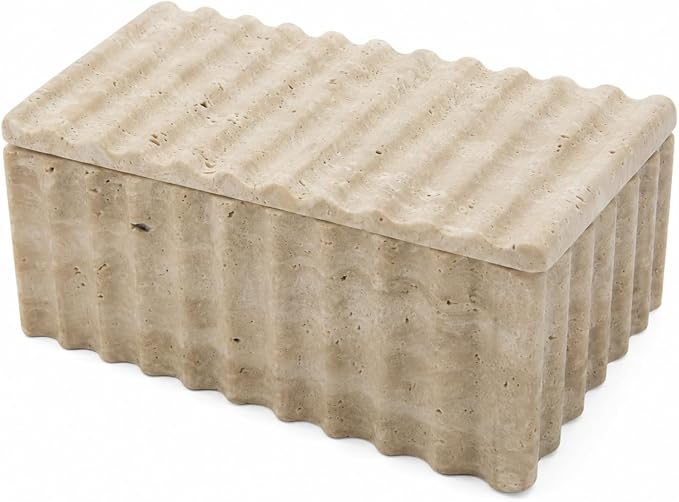 Travertine Storage Box with Lid, Wave Stone Organizer | Lidded design, wave texture, beige travertine pores vary, accessories not included