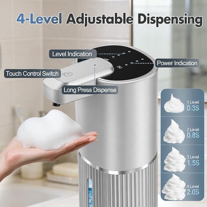 Automatic Soap Dispenser, Foaming Soap Dispenser Touchless with Continuous Dispensing, 4-Level Adjustable, Rechargeable Hand Soap Dispensers, Wall Mounted or Countertop for Bathroom & Kitchen