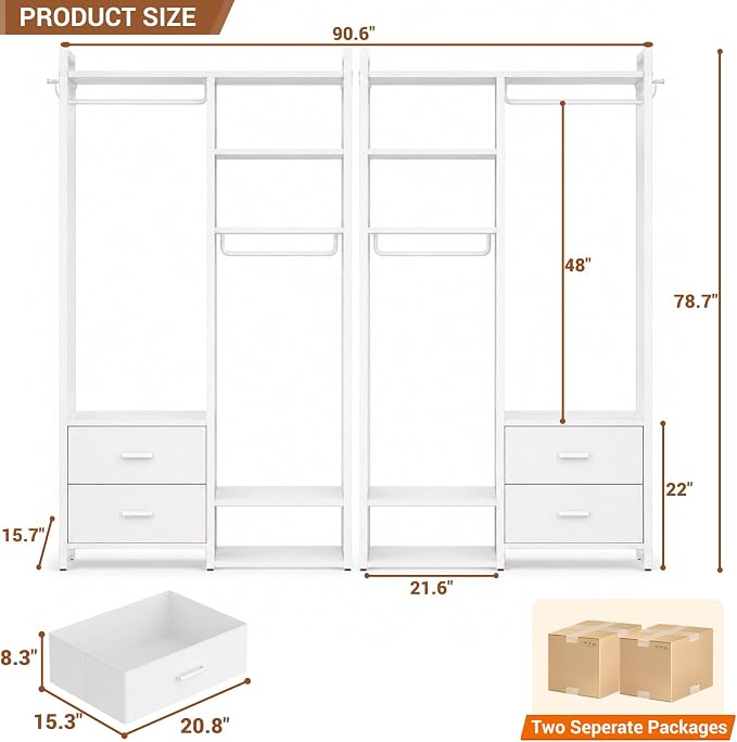 Besiost 78.7'' Clothes Rack for Hanging Clothes - Reversible Clothing Rack with 4 Drawers, Heavy Duty Garment Racks with Shelves, 6 Tiers Freestanding Portable Closet Wardrobe System, Set of 2 White