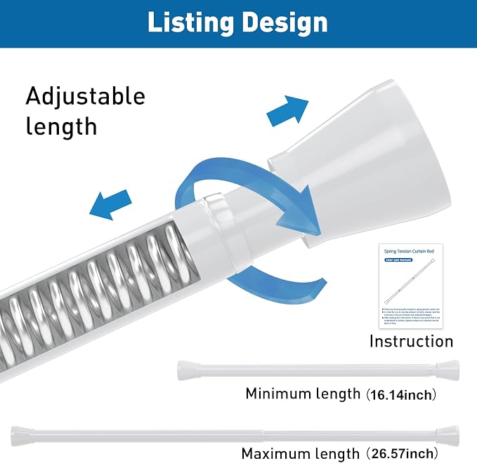 2 Pack Tension Rods 16 to 26 Inch Spring Adjustable Curtain Rods No Drilling White Tension Rods Expandable Pressure Spring Tension Rod for Closet, Doorway