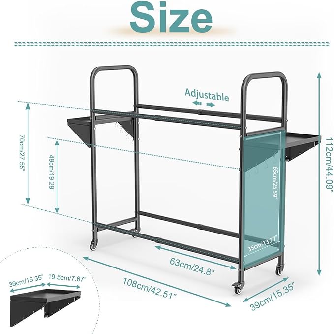Hershii Rolling Tire Storage Rack, Tire Rack with Wheel,Tire Rack Storage | Adjustable - Black Steel Pipe and ABS, 24.80-42.51'' X 15.35'' X 44.09'' with 8 S Hooks and 2 Storage Shelves for Garage