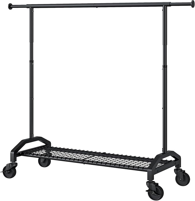 Wiracks Heavy Duty Clothes Rack for Hanging Clothes 350lbs Clothing Rack 3" industrial Wheels 51 to 71" W x 16.53" D x 65" to 71" H Adjustable Rolling Clothes Rack Coat Rack Garment Rack Black