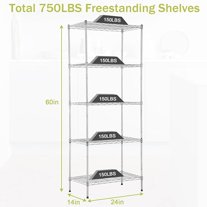 Meet perfect 5-Tier Wire Shelving Unit, 24" W x 14" D x 60" H Metal Storage Rack, NSF Certified Heavy Duty Garage Shelves, 750 lbs Capacity Adjustable Pantry Organizer for Kitchen, Laundry, Office