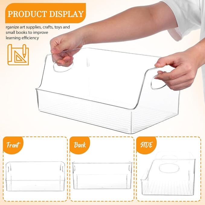 NUOBESTY Clear Storage Bins with Handle Plastic Book Organizer Basket for Classroom Library Office Home Stationery 13.4X8.5X5.9 Inch
