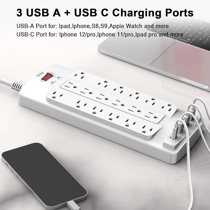 Surge Protector Power Strip, Yintar 10 Feet Flat Plug Heavy Duty Extension Cord with 18 Widely Outlets and 4 USB Ports, 2100 Joules, ETL Listed, White