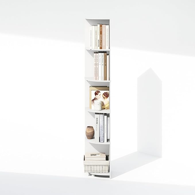 Furinno Basic Book Shelf, 5-Tier Bookshelf, Bookcase with Multipurpose Corner Shelf, 12 x 12 x 70.8, for Living Room, Bedroom, Home Office, White