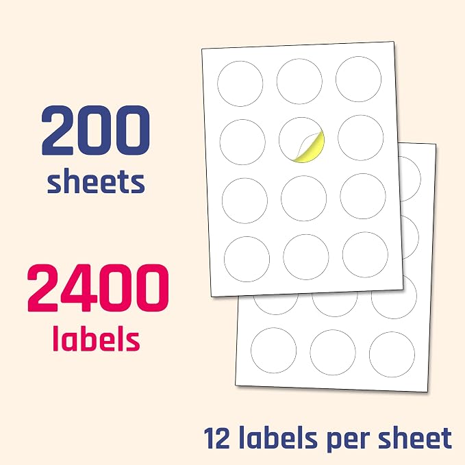 2 inch Round Labels Printable Circle Stickers - 8.5" x 11", 200 Sheets | Laser/Inkjet Printing, comes with Print Templates