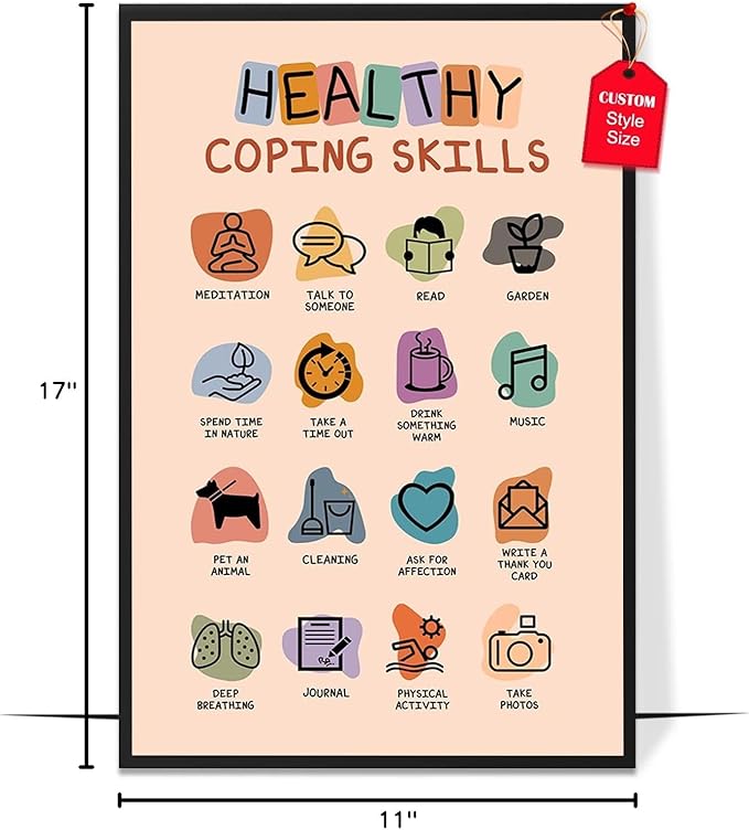 LOLUIS Mental Health Poster, Boho Therapy Tools Educational Supplies Art Print Classroom School Office Decor (Healthy Coping Skills, Custom Frame Type)