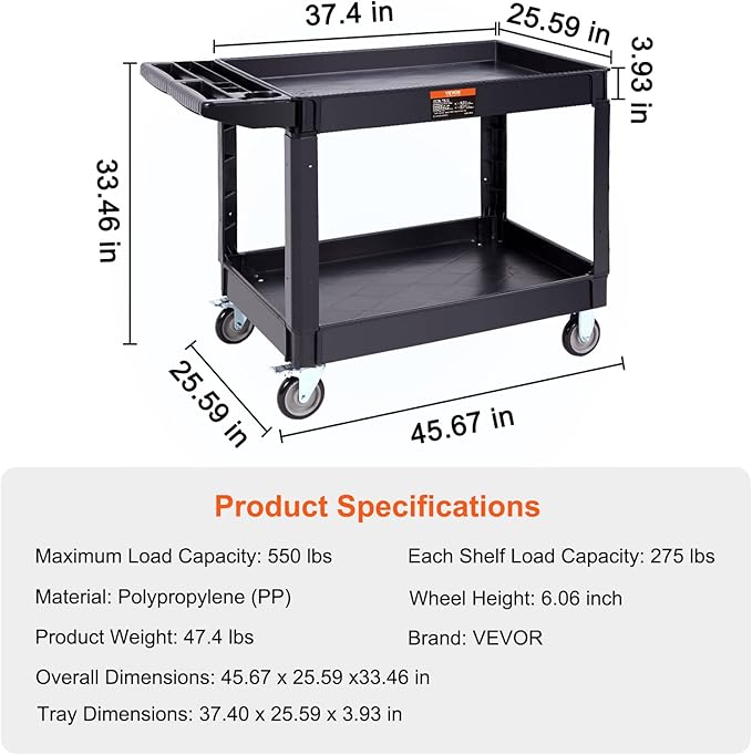 VEVOR Utility Service Cart 2 Shelf 550 lbs Heavy Duty Plastic Rolling Cart | Heavy Duty Utility Cart with 360° Swivel Wheels, Large Lipped Shelf, Ergonomic Storage Handle for Warehouse/Garage/Cleaning