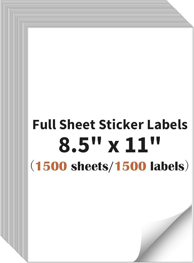 Full Sheet Sticker Label, 8.5" x 11" Shipping Label Paper (1500 Sheets, 1500 Labels), Self Adhesive Full Sheet White Matte Paper, Address Sticker Labels for Laser & Inkjet Printer