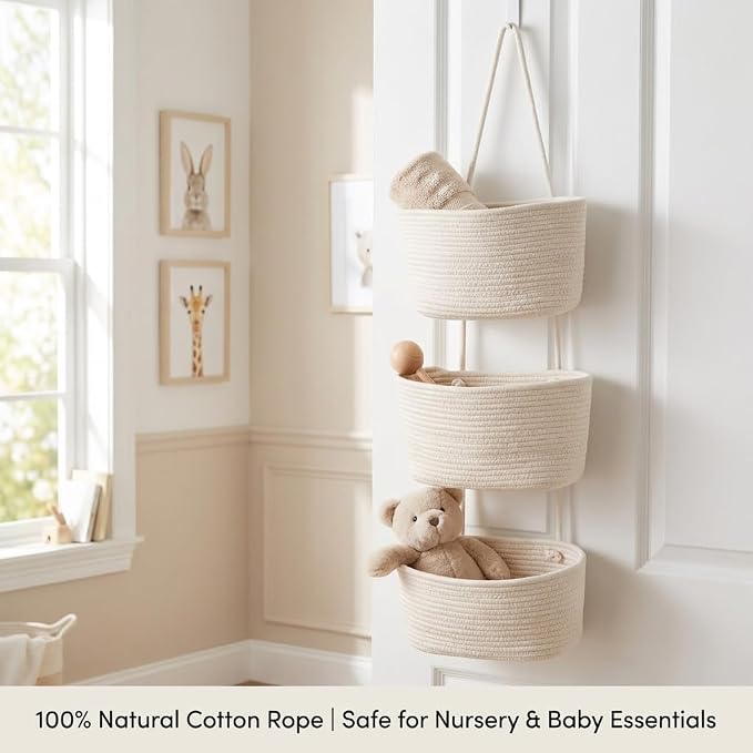Over the Door Basket Organizer, 3 Tier Hanging Basket with Hooks | Woven Cotton Hanging Over Door Basket for Bedroom, Nursery, Bathroom, Apartment, White Hanging Storage Basket for Organizing