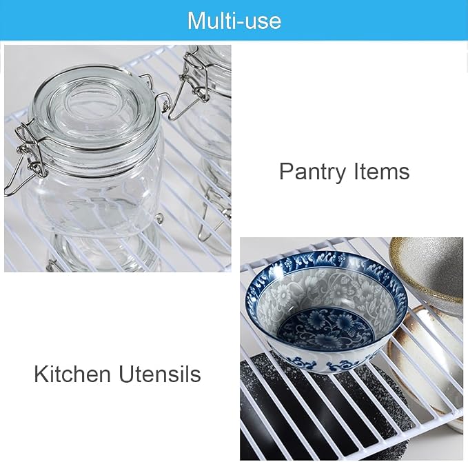 iPEGTOP Set of 2 Kitchen Cupboard Organiser Shelf, Small Size 10.6 x 5.1 Inch Freezer Cabinet Organization Storage Shelf Wire Rack, Steel Metal Shelves for Fridge Pantries Countertops Utensils -White