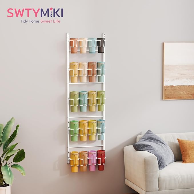 SWTYMIKI 5-Tier Water Bottle Organizer – Over the Door Stanley Cup Holder, Cup Organizer for Door or Wall Mount Option, Stanley Accessories for Pantry, Dorm, Office, RV Use, White