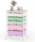 SYKIARIOL 5-Tier Rolling Utility Storage Drawer Craft Cart on Wheels with Wooden Tabletop, Mobile Craft Storage Drawer Cart Trolley for Home Office, Classroom, Craft Room & Kid Room, Ice Cream