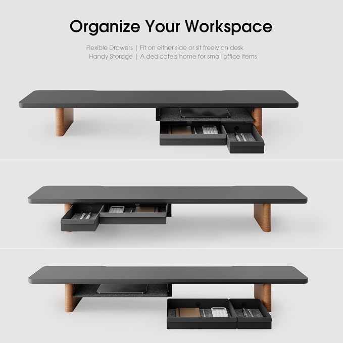 Fenge 42.5" Monitor Stand with Storage Drawers, Minimalist Monitor Riser with Solid Ash Legs and Cable Management, Wooden Desk Shelf for Home Office Workspaces, Black