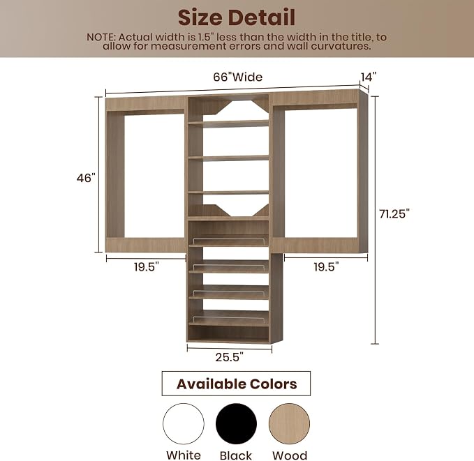 ROOMTEC Modular Closet System, 66" Wall Mounted Closet Organizer with Hanging Rods and Shoe Shelf, Wooden Tower for Walk-In Closets, Wardrobe Storage Kit, Wood