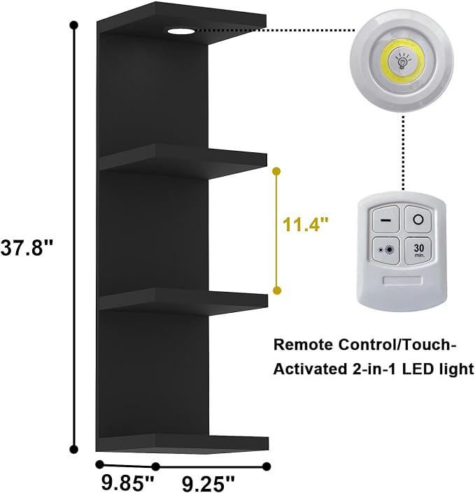 LitaEther Versatile 4 Tier Wall Shelf Unit,Black Lack Wall Shelf,Display Floating Shelf with LED Remote Control Light