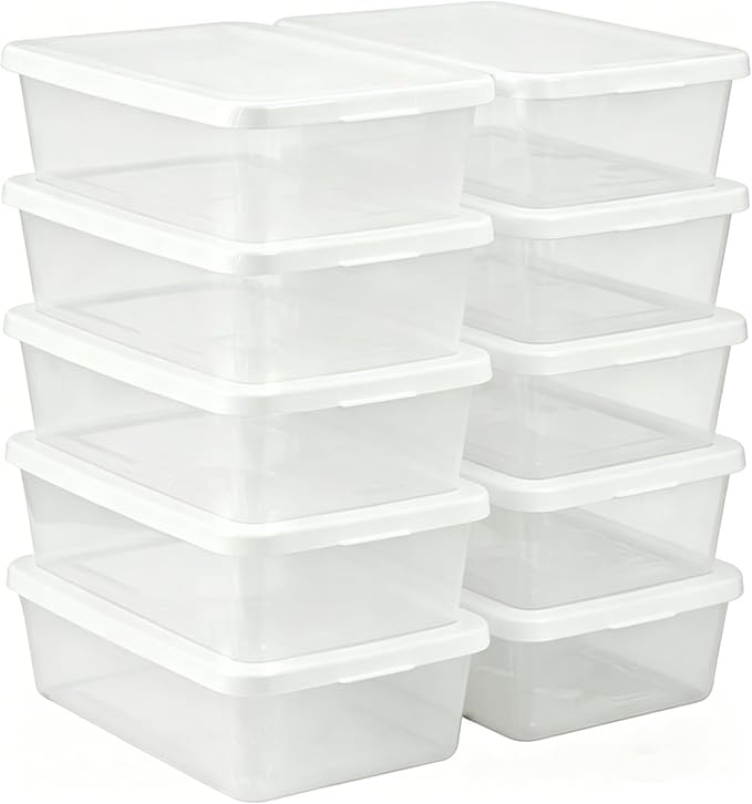Storage Bins with Lids, 10 Pack 6 Qt Clear Plastic Stackable Shoe Boxes, Lid Organizer for Garage, Craft Supplies and Closet Storage, White
