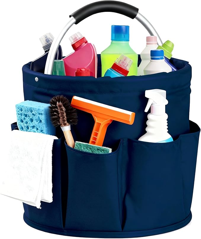 Cleaning Caddy with Handle, Cleaning Products Organiser, Foldable Storage Basket, Large Supply Organiser 17L with 6 Pockets, Portable Cleaning Caddy for Home & Garden (Dark Blue)
