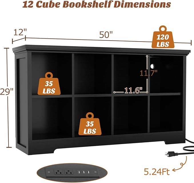 Aheaplus Wooden 8-Cube Storage Organizer with Charging Ports, Modern Cube Bookcase with Base, 3-Tier Floor Standing Open Cubbies Bookshelf, Cubicle Display Shelf for Home and Office, Black