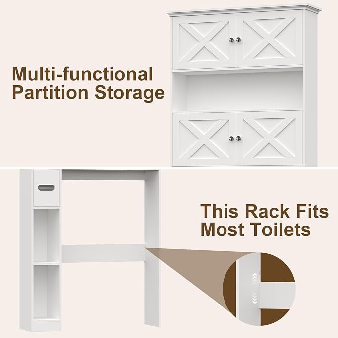 Halitaa Over The Toilet Storage Cabinet with Doors & Paper Holder, White | Halitaa Farmhouse Toilet Shelf Home Space Saver with 4 Barn Doors & Toilet Paper Holder Stand for Restroom, Bathroom, Laundry