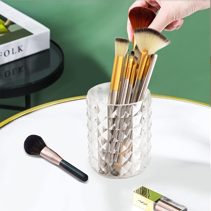 Acrylic Makeup Brush Holder, Brush Organizer, Vanity Accessories | Clear Make Up Brush Holder Organizer, Round Cosmetic Storage Cup Pen Holder for Desk Vanity, Marker Organizer Office Supplies