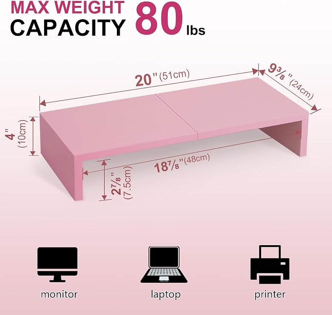 TEAMIX Pink Monitor Riser-20L inch, Wood Monitor Stand for Desk, Sturdy TV/Screen/PC/Printer/Laptop Riser,Computer Shelf with Storage TV Holder for Home Office (Pink, 20 inch)