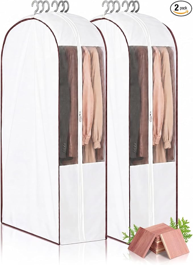 41" Cotton Garment Bags for Hanging Clothes, 2 Pack Breathable Suit Bags for Closet Storage, 10" Wide Gusseted & Clear Window, for Suits, Short Dresses, Sweaters, with Cedar Blocks