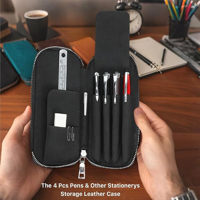 CONTACTS Full Grain Leather Pencil Case Handmade Vintage Zipper Pen Holder Pouch with Card Slot Pens Organizer Pockets Stationery Bag for Men and Women (Black)