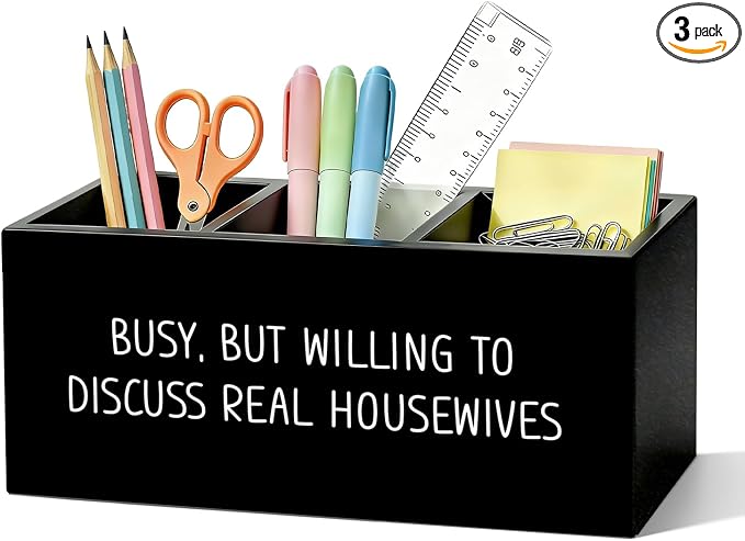Funny Pen Pencil Holder for Desk, Funny Office Gifts for Coworkers, Busy But Willing to Discuss Housewives Wooden Box Sign Organizer for Office Workplace Desk Accessories Tabletop Decorations