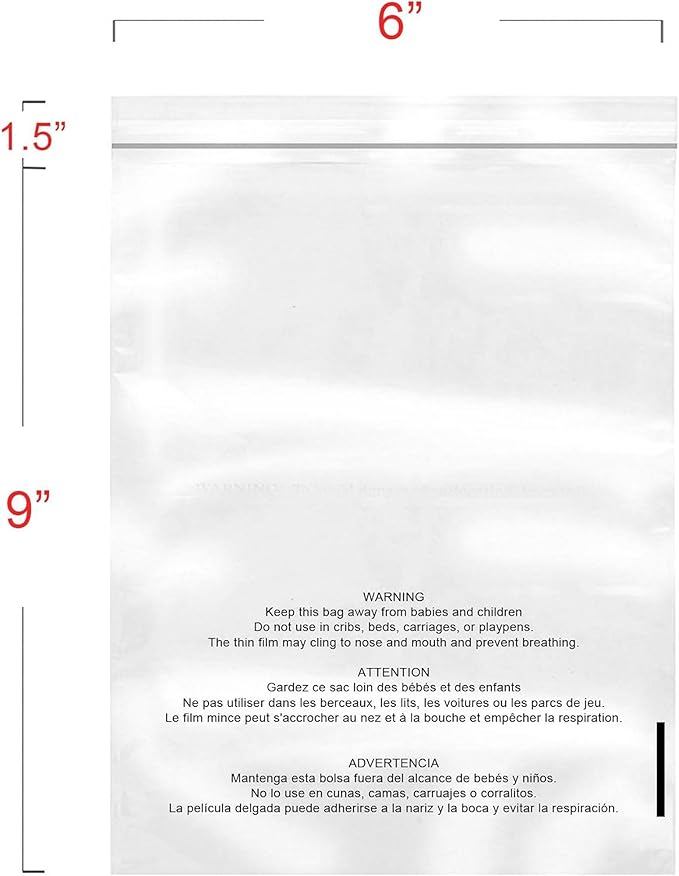 The Elixir Packaging 100 Count 6 x 9 Clear Poly Bag with Suffocation Warning Reclesable Transparent Plastic Tote Backpack Mailer Bag, Food Grade Material, 1.5 Mil Thickness