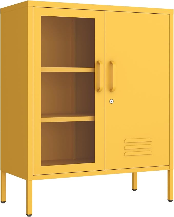 Metal Storage Sideboard with Lock, 33" H 2 Door Storage Cabinets with Adjustable Shelves, Durable Metal Accet Cabinet for Living Room Bedroom Entryway Yellow