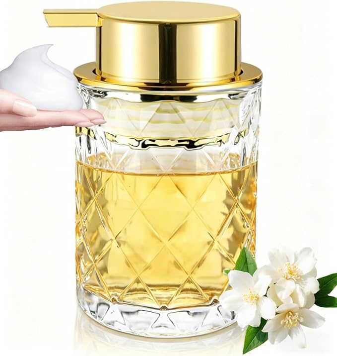 Glass Foaming Soap Dispenser Refillable Foaming Hand Soap Dispenser with Gold Large Pump Wide Opening for Bathroom Kitchen Countertop Modern Home Decor with Elegant Pattern - Clear