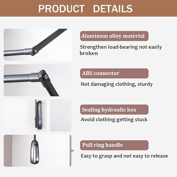 Pull Down Closet Rod for Hanging Clothes, Wardrobe Lift Rail Aluminum Alloy Organizer, Side Mounted Closet Rod for Kitchen Bedroom High Cabinets, 66 lbs Load Capacity (Black, 20.1"-25.6")