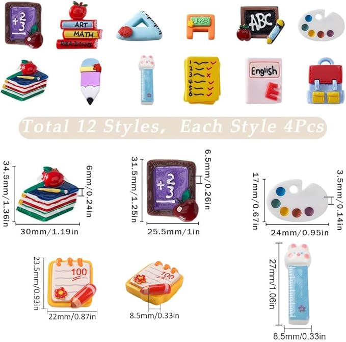 SUNNYCLUE 1 Box 48Pcs School Resin Charms Flatback Teacher Cabochons Chalkboard Backpack Books Pencil Flat Back Cabochon Teacher Appreciation Crafts for Jewelry Making DIY Scrapbooking Embellishments