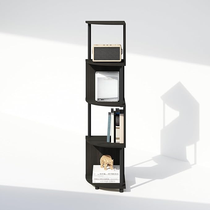 Furinno Basic Book Shelf, 4-Tier Bookshelf, Bookcase with Zigzag Corner Shelf, 14.2 x 14.2 x 57.7, for Living Room, Bedroom, Home Office, Espresso/Black